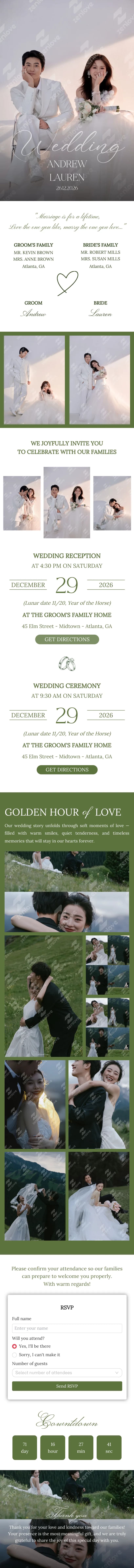 Green Love wedding invitations template preview